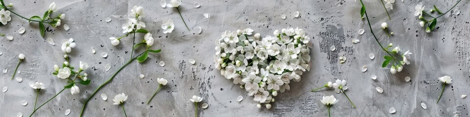 Floral arrangement in the shape of a heart on a textured concrete backdrop accompanied by scattered white blooms