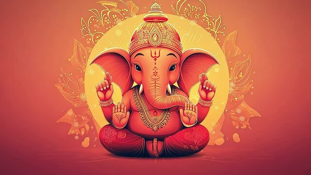 illustration of Lord Ganesha, depicted in a meditative pose with intricate patterns and bright colors. 