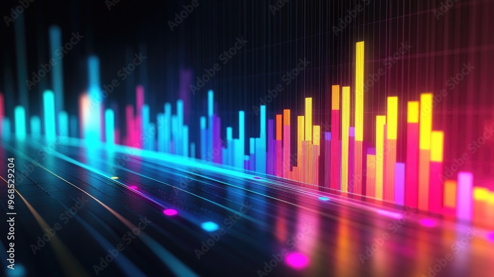 Poster business profit index graph with colorful lines and bars, displayed on a dark background, capturing 