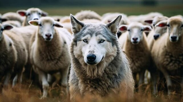 Wolf in sheep&rsquo;s clothing stands among unsuspecting sheep, representing the theme of betrayal and disguise