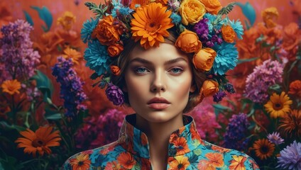 A woman wearing a flower crown and a colorful floral dress
