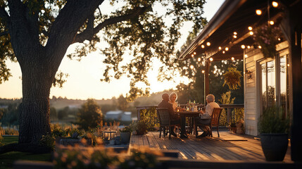 sunset thanks giving family and friends get together in the back yard outdoor dining table with many races family members