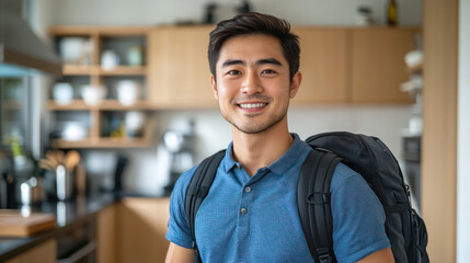 Obraz premium A man wearing a blue shirt and backpack is smiling in front of a room. Generative AI