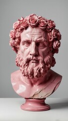 A statue of a man with a pink flower crown on his head