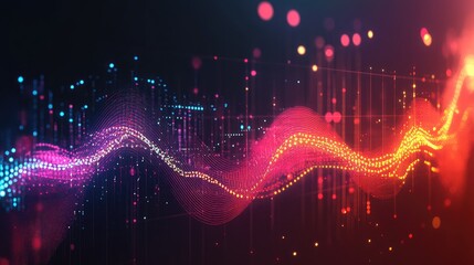 Colorful business graph with dynamic glowing waves and transparent lines, showcasing data trends on a sleek dark background