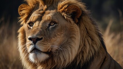 A majestic lion with a beautiful mane is staring at the camera