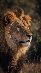 Fototapeta premium A majestic lion with a beautiful mane is staring at the camera