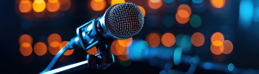 Close-up of a microphone against a blurred background of colorful lights, ideal for music, concert, or performance themes.