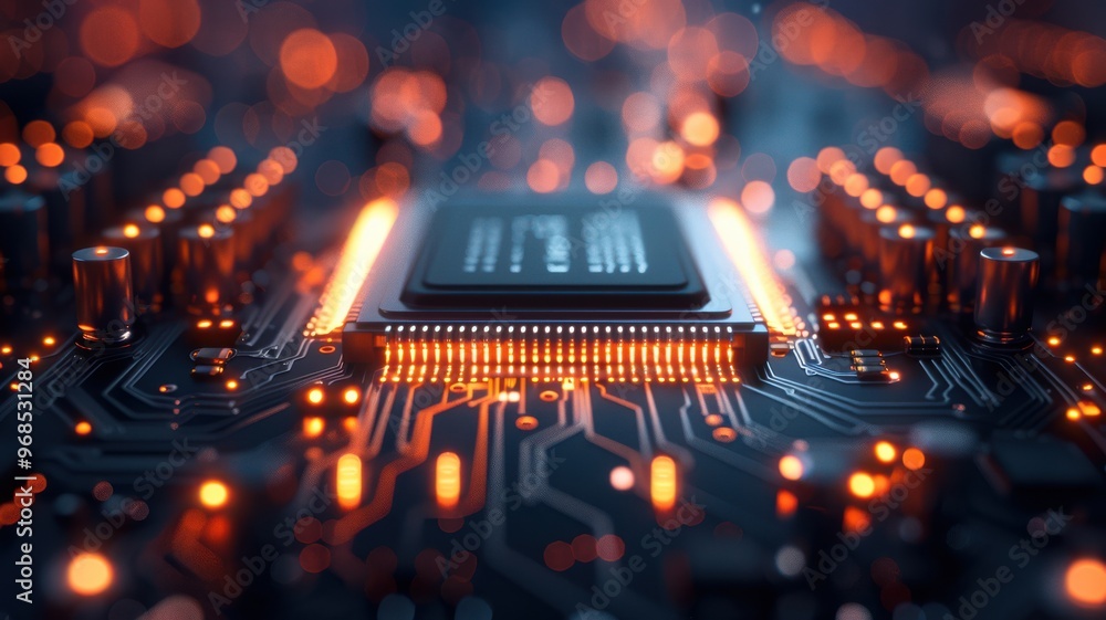 Poster close-up of a modern microprocessor on a circuit board, showcasing intricate details and vibrant lig