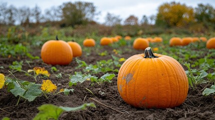 17. Harvesting pumpkins in an autumn field, with vibrant orange pumpkins scattered across the ground and the changing leaves of nearby trees