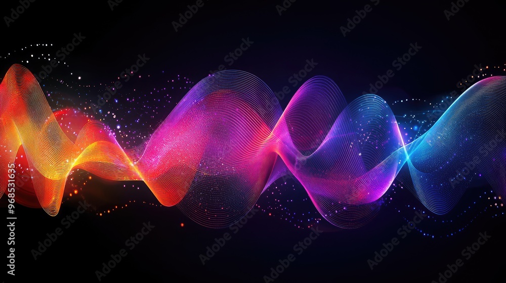 Poster colorful business trends graph with transparent glowing lines and waves, creating a dynamic effect o