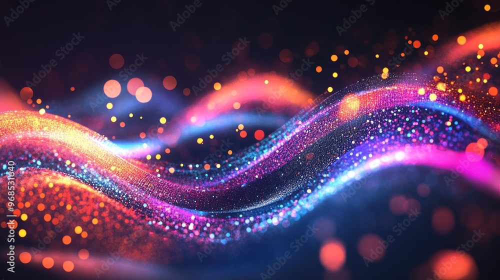Poster colorful business trends graph with transparent glowing lines and waves, creating a dynamic effect o