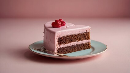 A slice of pink cake with raspberries on top