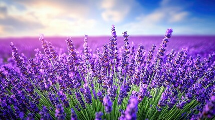 13. Rows of blooming lavender in a fragrant herb farm, the vibrant purple contrasting with the deep green leaves beneath a bright sky