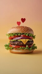 A large hamburger with two heart shaped pickles on top