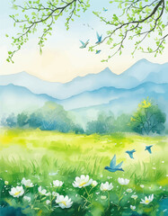 Fototapeta premium Springtime Serenity: A Pastoral Scene with Birds and Flowers