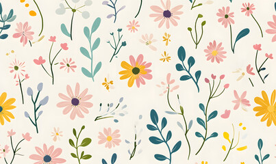 2D illustrator doodle-style floral and leaf graphics on a white background or wallpaper