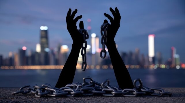 Silhouette of hands raising broken chains against a blurred night background, symbolizing freedom