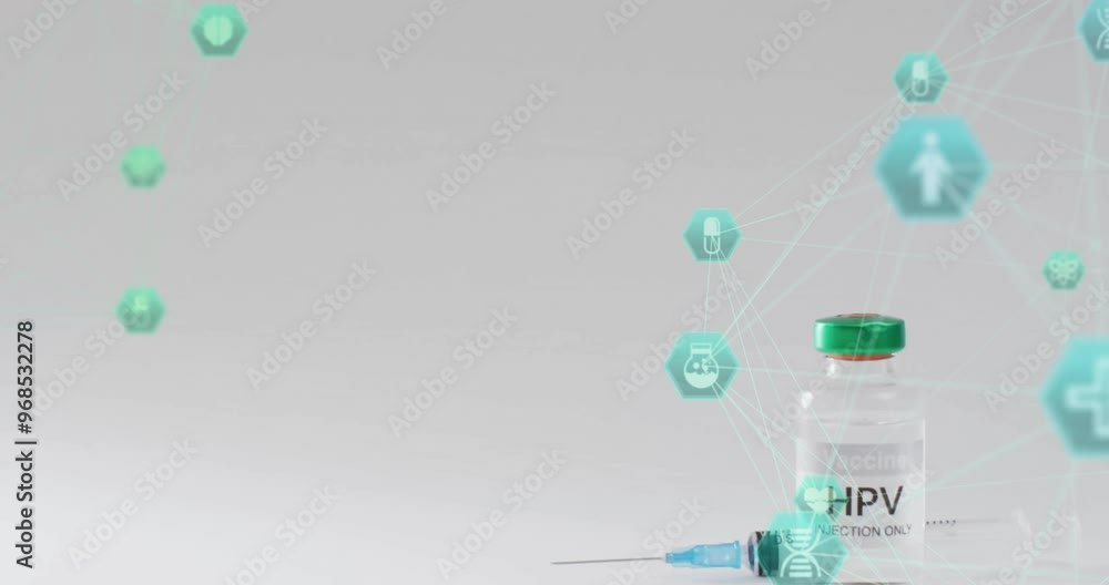 Poster animation of network of connections with icons over hpv vaccine on white background