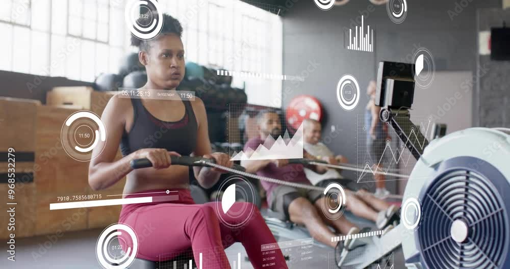 Poster animation of data processing and diagrams over diverse sports people using rowing machines at gym