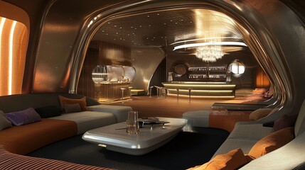Modern Futuristic Lounge Poster: Sleek Metallic Walls and Striking Chandelier Create an Inviting Atmosphere for Sports Interiors and Stylish Spaces