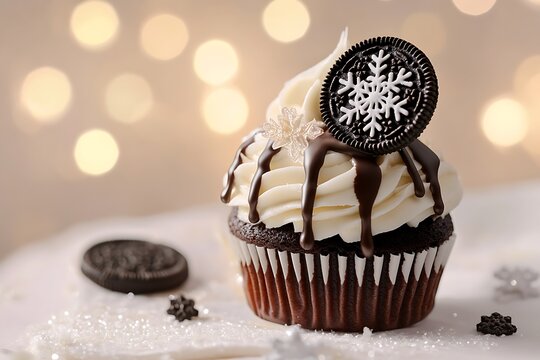 Oreo cupcake with dripping chocolate and an Oreo cookie and a large snowflake place on top, on a light soft lighting bokeh background
