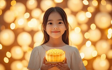 Naklejka premium Happy Asian Girl Holding Mooncake Box, Festive Lanterns, Warm Golden Hour â€“ Rich Colors, Mid-Shot