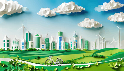 Sustainable Cityscape with Wind Turbines and Bicycle