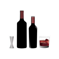 Vector illustration of a bottle of wine and a glass with red wine, next to it with trendy colors in a minimalist style. 