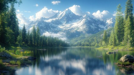 Serene mountain landscape with a reflective lake and lush greenery.