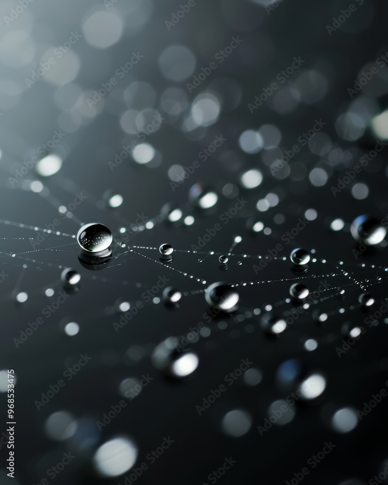 Poster close-up of water droplets on a web glistening in soft light, creating a serene and captivating natu