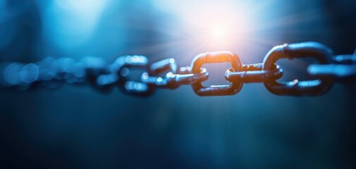 Obraz premium Close-up view of a metallic chain with a glowing background, symbolizing strength, connection, and security.