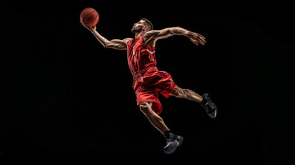 Young professional basketball player in action, motion, isolated on a black background, viewed from below. Concept of sport, movement, energy, and dynamism.