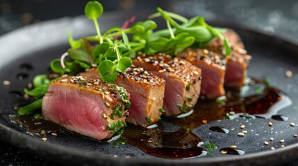 An elegant tuna tataki with a sesame-crusted exterior, no shadows The dish is the focus, with no text, logo, signature, human body, people, or plants, 