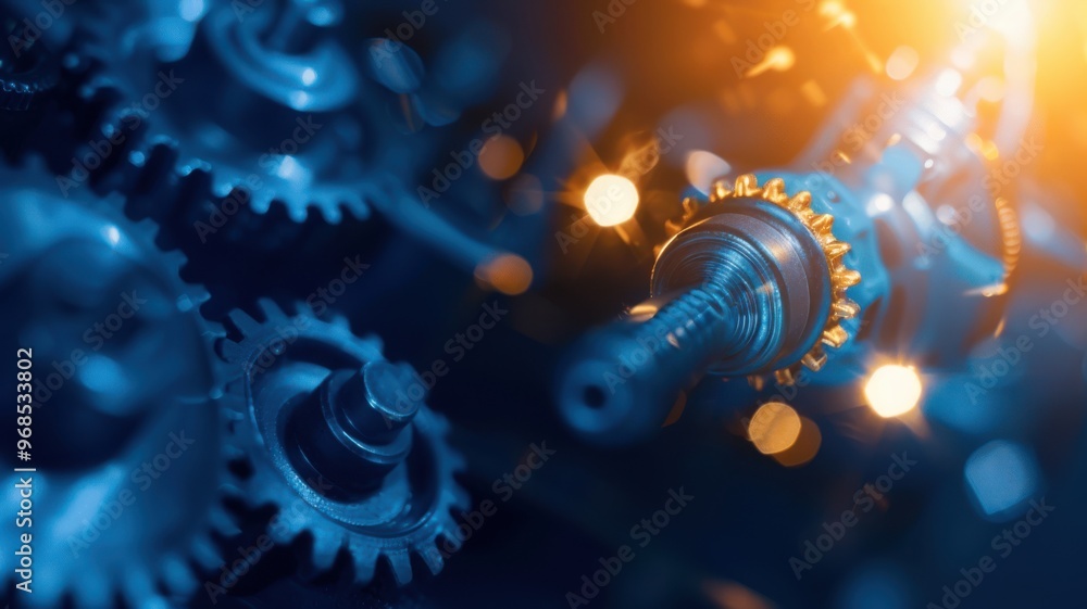 Poster close-up view of interlocking gears with vibrant lighting, showcasing intricate mechanical design an