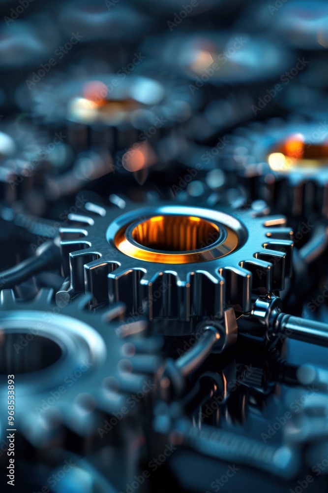 Poster close-up view of intricate metallic gears showcasing detail and engineering precision for technology