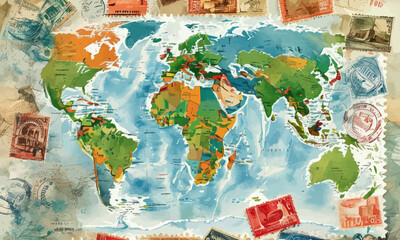 Naklejka premium World Map with Stamps and Postmarks