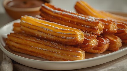 Crispy churros served with chocolate dipping sauce, no shadows The churros are the highlight, with no text, logo, signature, human body, people, or plants, 