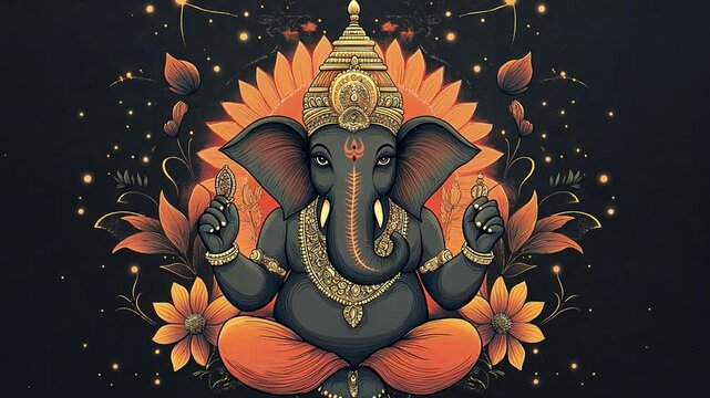 illustration of Lord Ganesha, depicted in a meditative pose with intricate patterns and bright colors. 