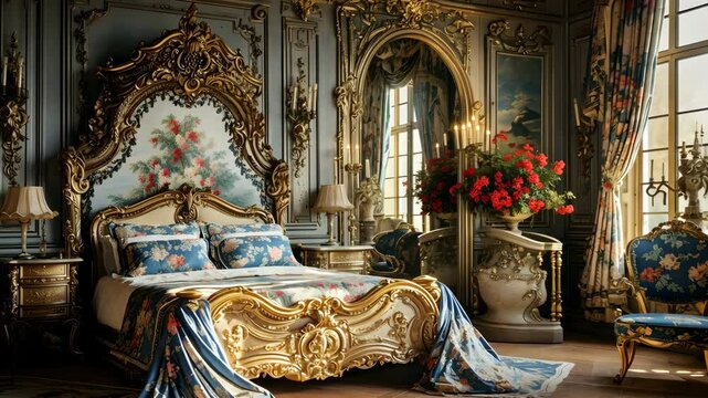 Luxurious baroque bedroom with ornate gold details, floral bedding, and elegant antique furniture, illuminated by natural sunlight. Royalty concept.

