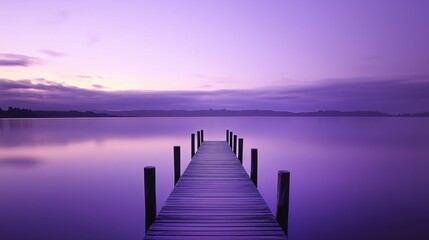 Fototapeta premium Straight wooden pier over a lake, purple sky background