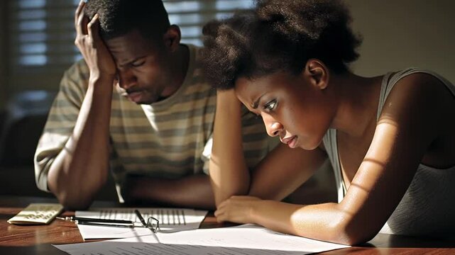 Stressed African American man and woman look over unpaid bills as financial hardship weighs heavily on them