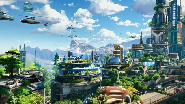 Futuristic city with towering buildings, greenery, and vibrant neon signs, set against a bright blue sky. Sci-fi utopia concept.


