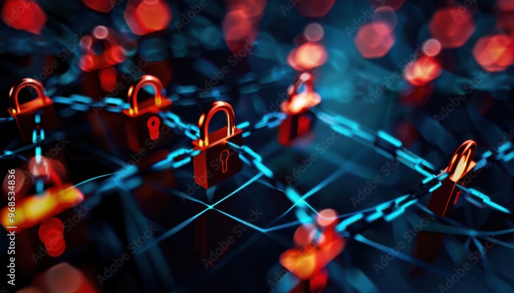 Poster digital locks connected by chains represent cybersecurity and data protection in a vibrant, futurist
