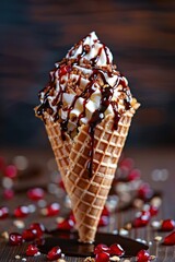 Delicious ice cream cone with whipped cream, chocolate drizzle, and sprinkled pomegranate on a rustic wooden background.