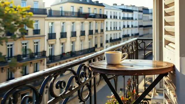 Cozy outdoor Parisian balcony with a wooden table, a cup of coffee, and a view of traditional buildings on a sunny morning. Tranquility concept.

