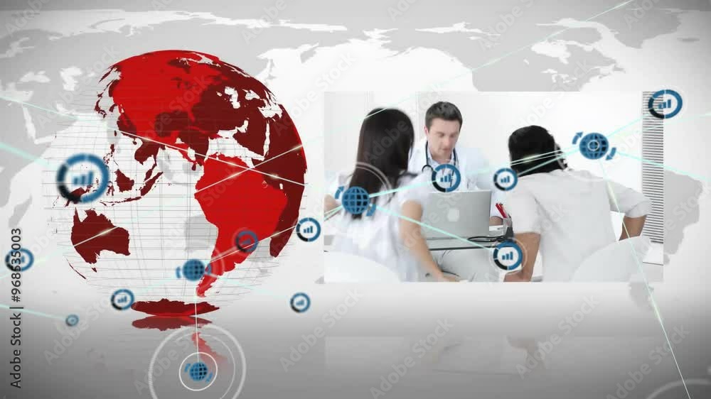 Poster animation of network of connections with icons over world map and digital screens