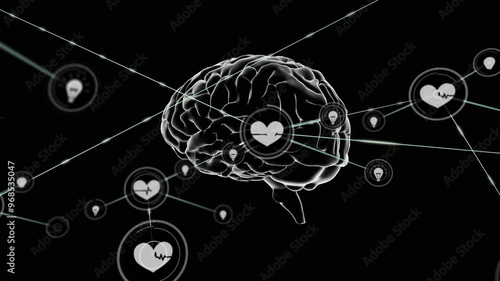 Poster animation of network of connections with icons over brain