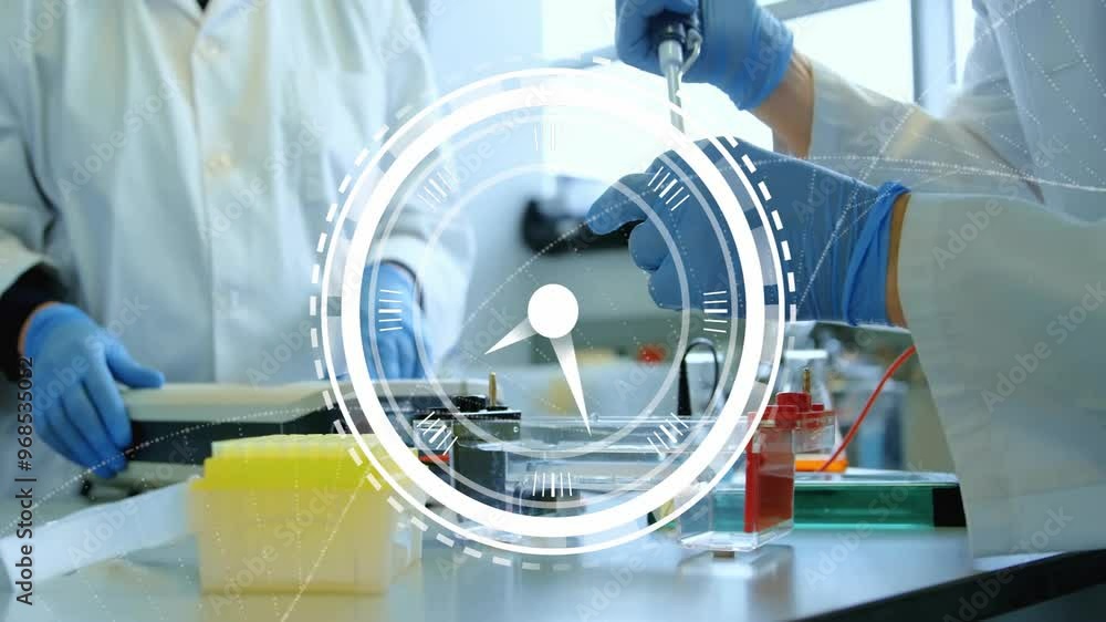 Poster animation of clock moving and dna strand over caucasian scientists doing experiments