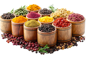 a group of wooden containers with different colored spices

